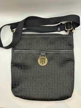 Tommy Hilfiger Black Jacquard Monogram Crossbody Bag Purse with Black/Red Lining